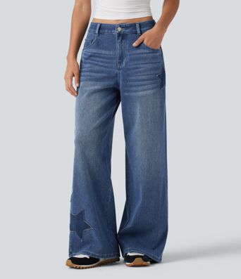 Halara Flex™ - Lässige Baggy-Jeans mit hohem Bund, mehreren Taschen und Stickereimuster Halara Flex™ - Lässige Baggy-Jeans mit hohem Bund, mehreren Taschen und Stickereimuster