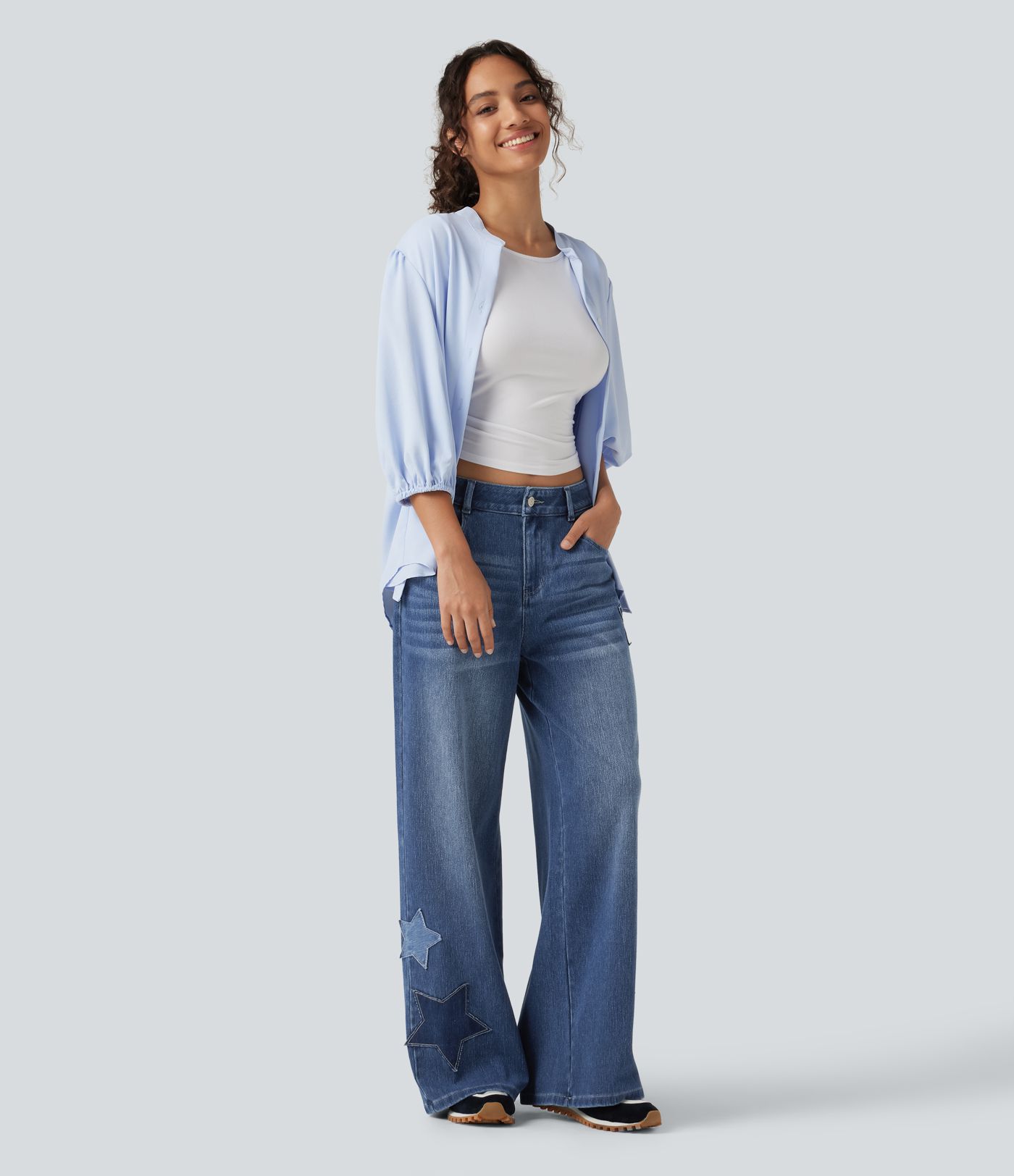 Halara Flex™ - Lässige Baggy-Jeans mit hohem Bund, mehreren Taschen und Stickereimuster Halara Flex™ - Lässige Baggy-Jeans mit hohem Bund, mehreren Taschen und Stickereimuster