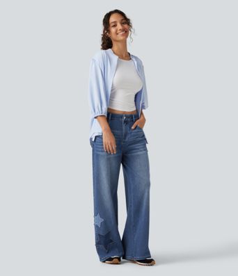 Halara Flex™ - Lässige Baggy-Jeans mit hohem Bund, mehreren Taschen und Stickereimuster Halara Flex™ - Lässige Baggy-Jeans mit hohem Bund, mehreren Taschen und Stickereimuster