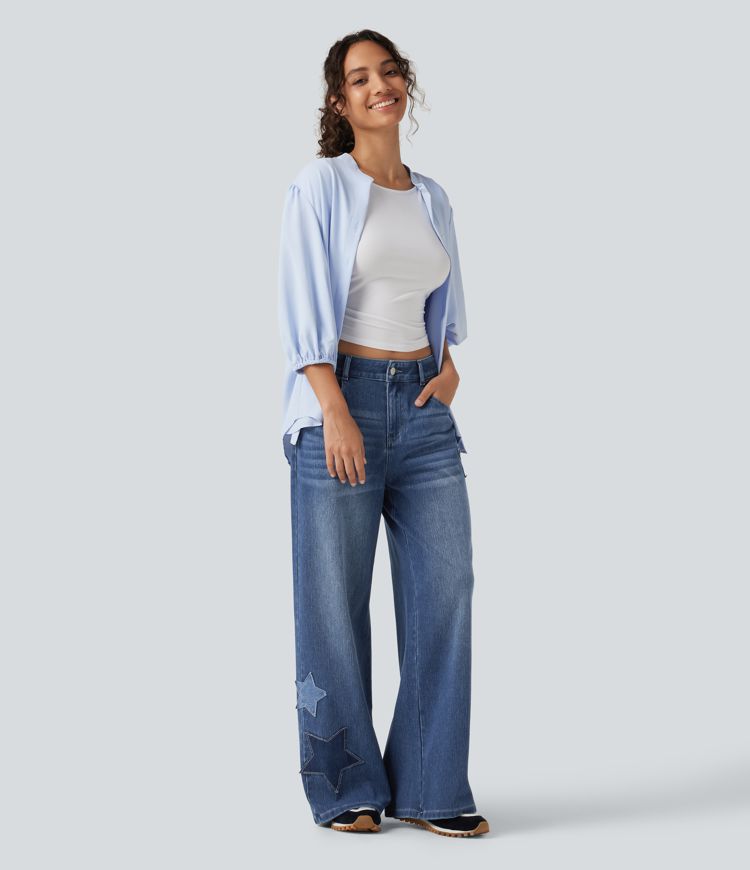 Halara Flex™ - Lässige Baggy-Jeans mit hohem Bund, mehreren Taschen und Stickereimuster Halara Flex™ - Lässige Baggy-Jeans mit hohem Bund, mehreren Taschen und Stickereimuster
