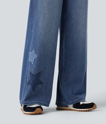 Halara Flex™ - Lässige Baggy-Jeans mit hohem Bund, mehreren Taschen und Stickereimuster Halara Flex™ - Lässige Baggy-Jeans mit hohem Bund, mehreren Taschen und Stickereimuster