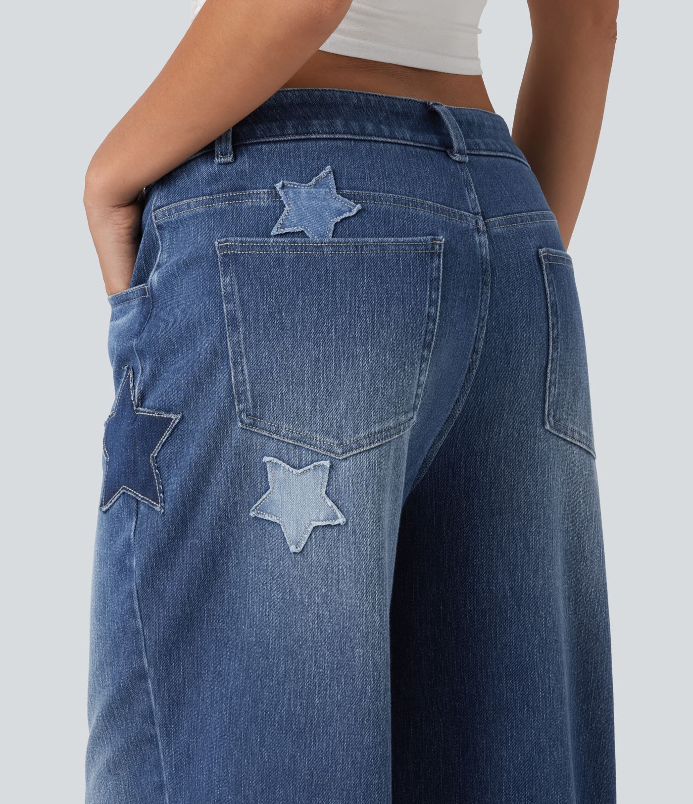 Halara Flex™ - Lässige Baggy-Jeans mit hohem Bund, mehreren Taschen und Stickereimuster Halara Flex™ - Lässige Baggy-Jeans mit hohem Bund, mehreren Taschen und Stickereimuster