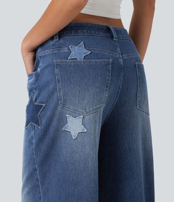 Halara Flex™ - Lässige Baggy-Jeans mit hohem Bund, mehreren Taschen und Stickereimuster Halara Flex™ - Lässige Baggy-Jeans mit hohem Bund, mehreren Taschen und Stickereimuster