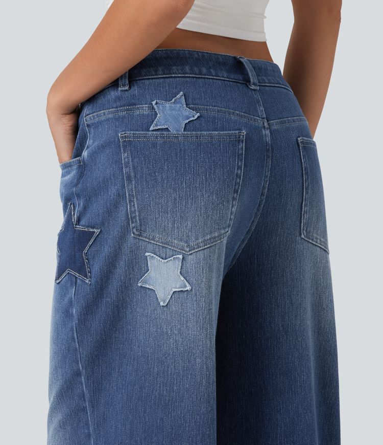 Halara Flex™ - Lässige Baggy-Jeans mit hohem Bund, mehreren Taschen und Stickereimuster Halara Flex™ - Lässige Baggy-Jeans mit hohem Bund, mehreren Taschen und Stickereimuster