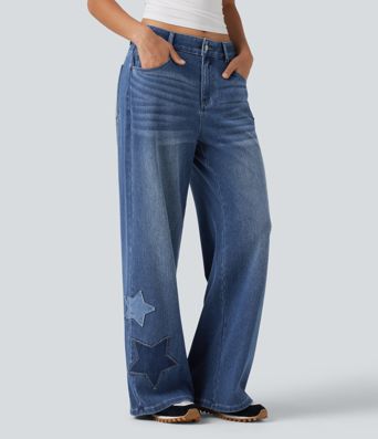 Halara Flex™ - Lässige Baggy-Jeans mit hohem Bund, mehreren Taschen und Stickereimuster Halara Flex™ - Lässige Baggy-Jeans mit hohem Bund, mehreren Taschen und Stickereimuster