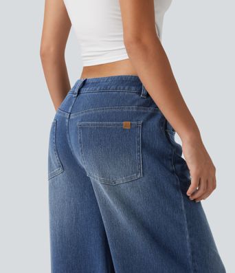 Halara Flex™ - Lässige Baggy-Jeans mit hohem Bund, mehreren Taschen und Stickereimuster Halara Flex™ - Lässige Baggy-Jeans mit hohem Bund, mehreren Taschen und Stickereimuster