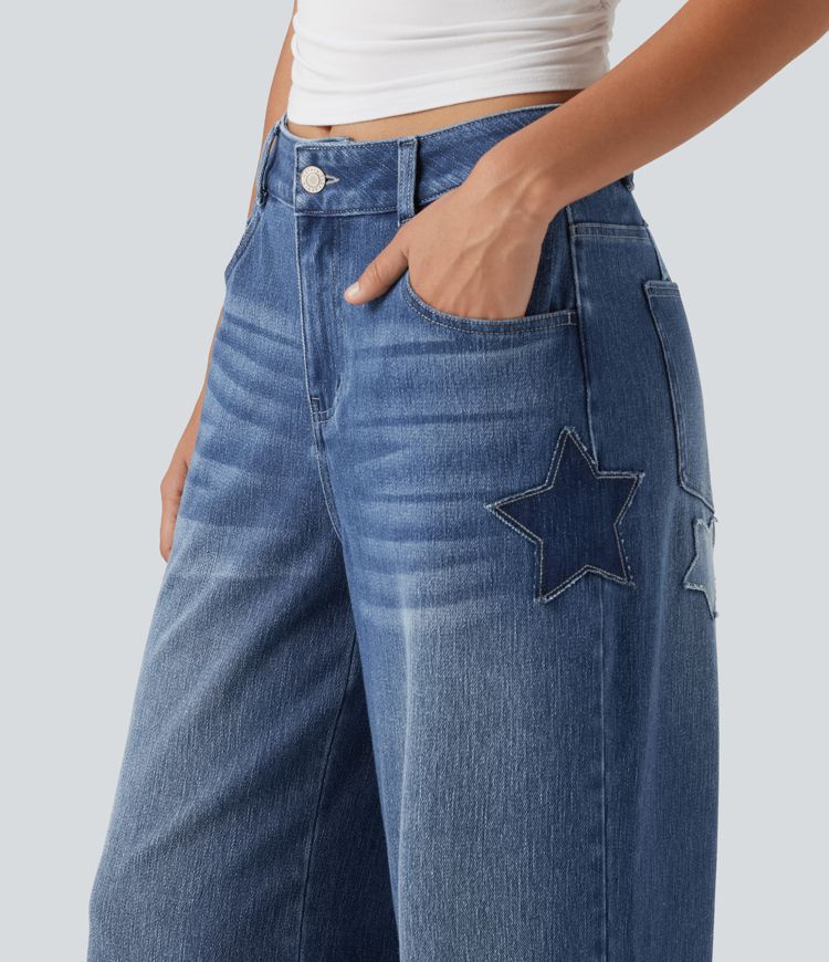 Halara Flex™ - Lässige Baggy-Jeans mit hohem Bund, mehreren Taschen und Stickereimuster Halara Flex™ - Lässige Baggy-Jeans mit hohem Bund, mehreren Taschen und Stickereimuster