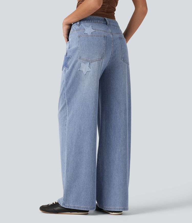 Malibu Blue Denim Halara Flex™ High Waisted Baggy Embroidery Casual Jeans with Pockets / 2