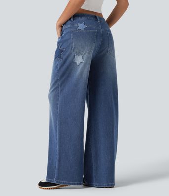 Halara Flex™ - Lässige Baggy-Jeans mit hohem Bund, mehreren Taschen und Stickereimuster Halara Flex™ - Lässige Baggy-Jeans mit hohem Bund, mehreren Taschen und Stickereimuster