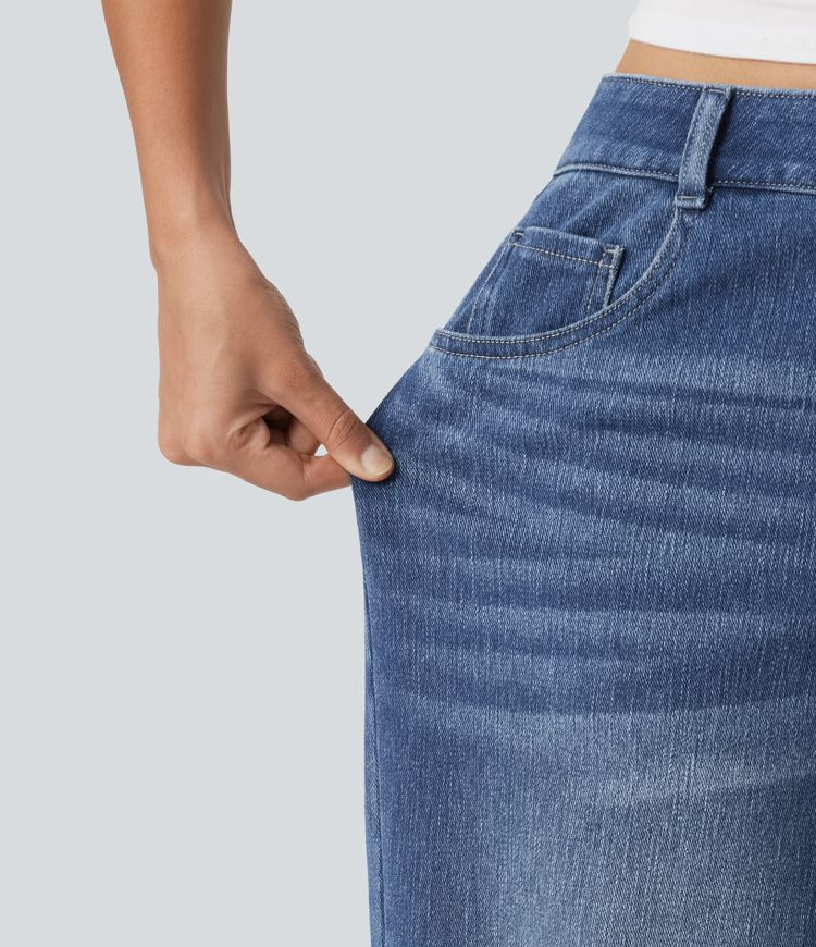 Halara Flex™ - Lässige Baggy-Jeans mit hohem Bund, mehreren Taschen und Stickereimuster Halara Flex™ - Lässige Baggy-Jeans mit hohem Bund, mehreren Taschen und Stickereimuster