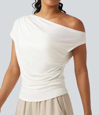 Ribbed One Shoulder Short Sleeve Ruched Built-in Bra Casual T-Shirt Ribbed One Shoulder Short Sleeve Ruched Built-in Bra Casual T-Shirt