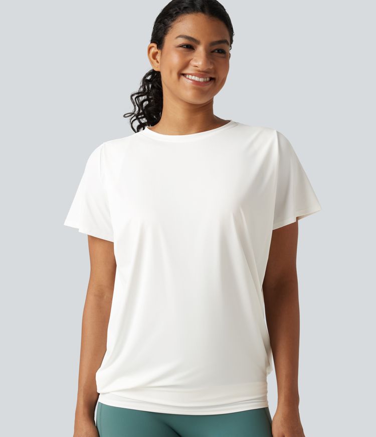 Gerafftes Yoga-Sport-Top mit Rundhalsausschnitt, kurzen Ärmeln und InstantCool - extralang, UPF50+ Gerafftes Yoga-Sport-Top mit Rundhalsausschnitt, kurzen Ärmeln und InstantCool - extralang, UPF50+