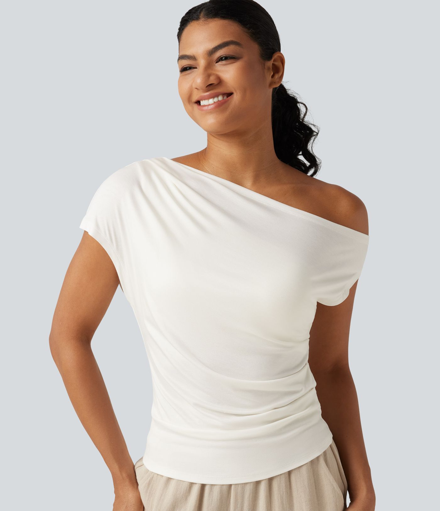 Ribbed One Shoulder Short Sleeve Ruched Built-in Bra Casual T-Shirt Ribbed One Shoulder Short Sleeve Ruched Built-in Bra Casual T-Shirt
