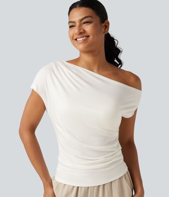 Ribbed One Shoulder Short Sleeve Ruched Built-in Bra Casual T-Shirt Ribbed One Shoulder Short Sleeve Ruched Built-in Bra Casual T-Shirt