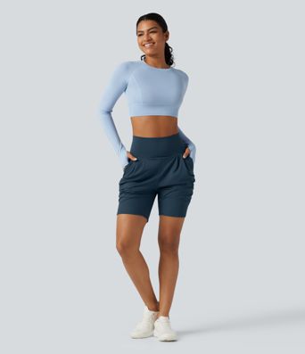 Softlyzero™ Airy - Geraffte Yoga-Shorts mit hohem Bund, mehreren Taschen und InstantCool - 17,8 cm
