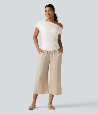 Ribbed One Shoulder Short Sleeve Ruched Built-in Bra Casual T-Shirt Ribbed One Shoulder Short Sleeve Ruched Built-in Bra Casual T-Shirt