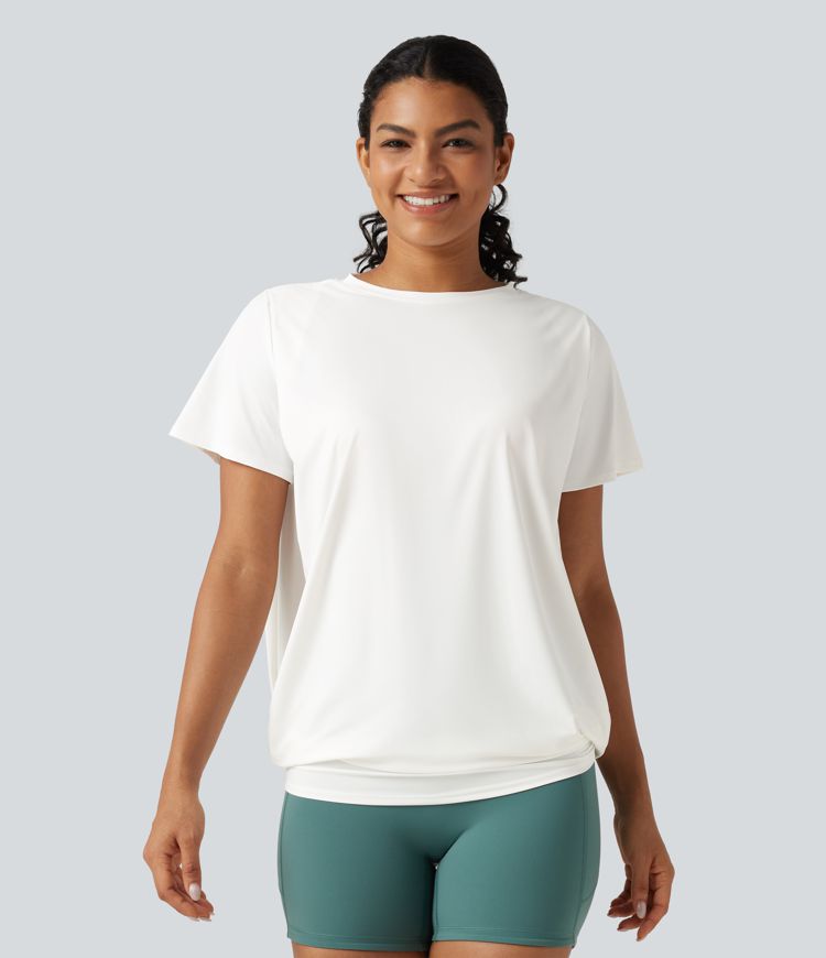 Gerafftes Yoga-Sport-Top mit Rundhalsausschnitt, kurzen Ärmeln und InstantCool - extralang, UPF50+ Gerafftes Yoga-Sport-Top mit Rundhalsausschnitt, kurzen Ärmeln und InstantCool - extralang, UPF50+