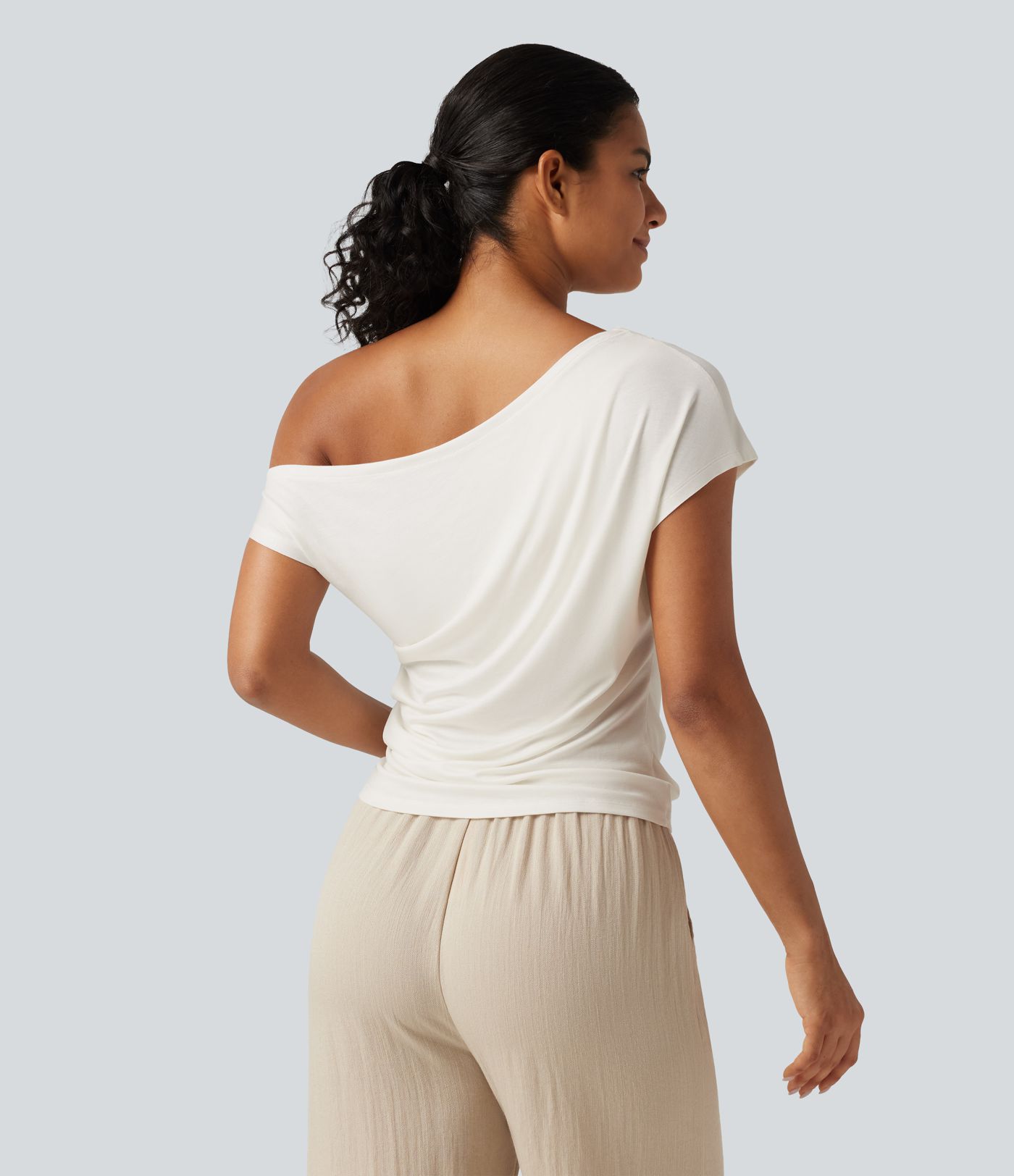 Ribbed One Shoulder Short Sleeve Ruched Built-in Bra Casual T-Shirt Ribbed One Shoulder Short Sleeve Ruched Built-in Bra Casual T-Shirt