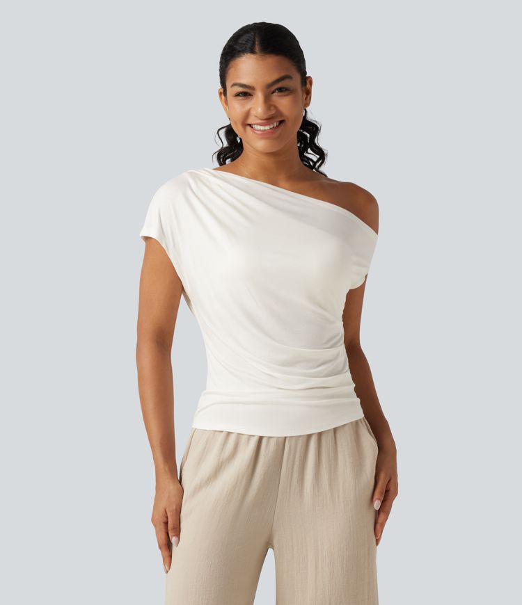 Ribbed One Shoulder Short Sleeve Ruched Built-in Bra Casual T-Shirt Ribbed One Shoulder Short Sleeve Ruched Built-in Bra Casual T-Shirt