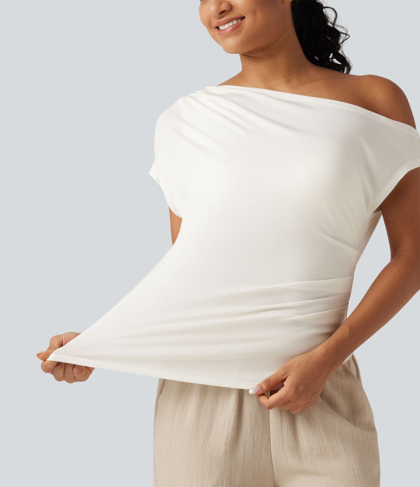 Ribbed One Shoulder Short Sleeve Ruched Built-in Bra Casual T-Shirt Ribbed One Shoulder Short Sleeve Ruched Built-in Bra Casual T-Shirt