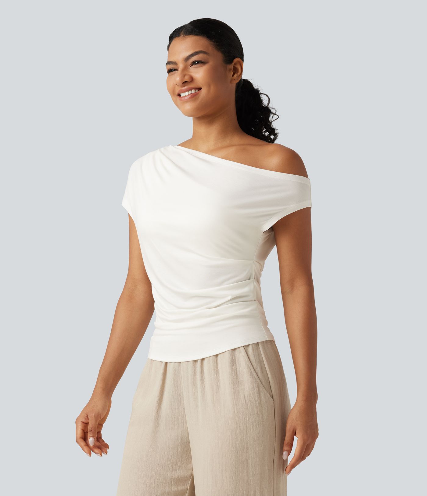 Ribbed One Shoulder Short Sleeve Ruched Built-in Bra Casual T-Shirt Ribbed One Shoulder Short Sleeve Ruched Built-in Bra Casual T-Shirt