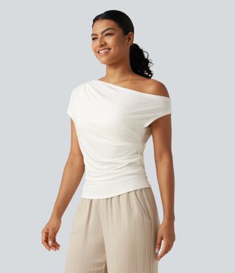 Ribbed One Shoulder Short Sleeve Ruched Built-in Bra Casual T-Shirt Ribbed One Shoulder Short Sleeve Ruched Built-in Bra Casual T-Shirt