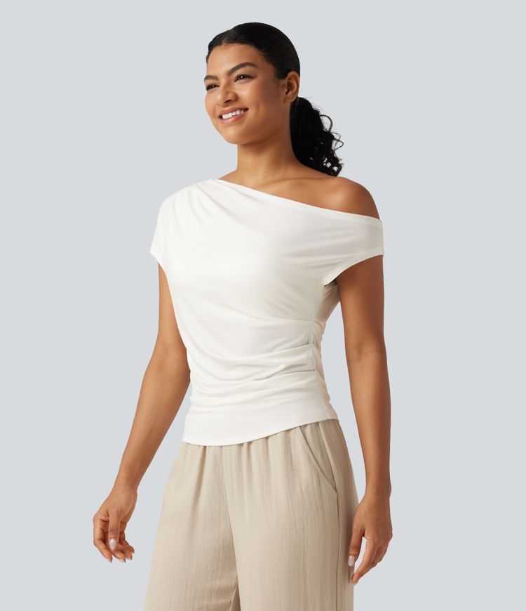Ribbed One Shoulder Short Sleeve Ruched Built-in Bra Casual T-Shirt Ribbed One Shoulder Short Sleeve Ruched Built-in Bra Casual T-Shirt