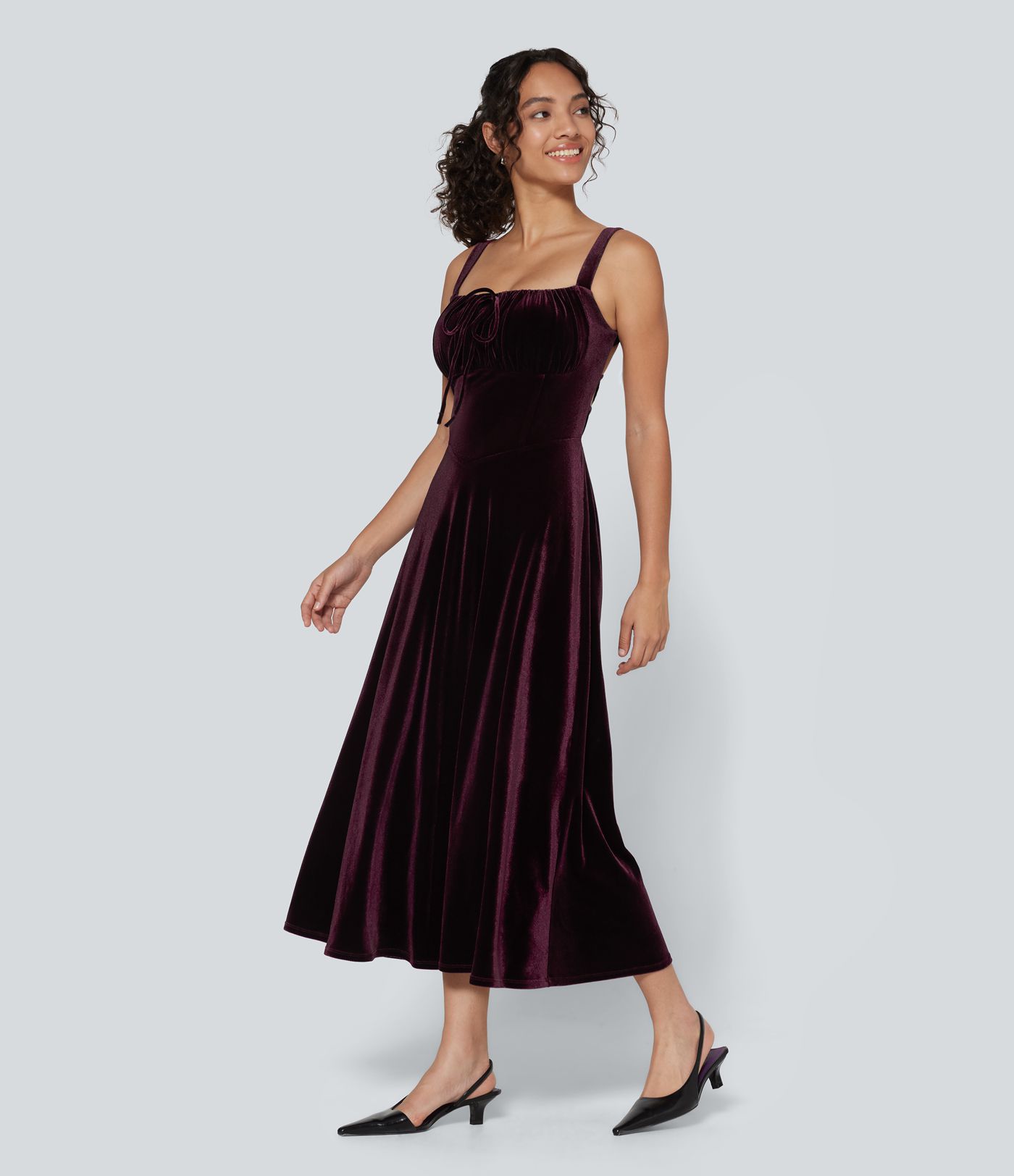 Square Neck Lace Up Ruched Built-in Bra Corset Velvet Midi Casual Dress