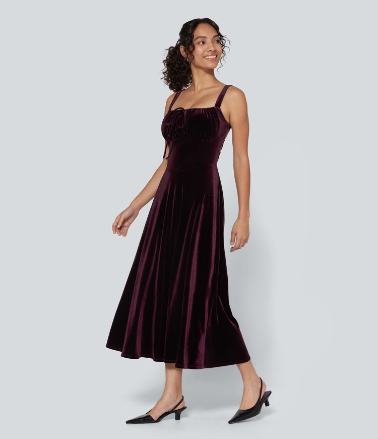 Square Neck Lace Up Ruched Built-in Bra Corset Velvet Midi Casual Dress