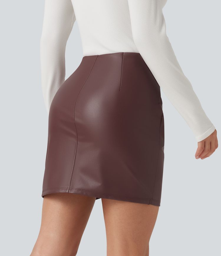 High Waisted 2-in-1 Ruched Crossover Hem Bodycon Fleece Mini Casual PU Leather Skirt High Waisted 2-in-1 Ruched Crossover Hem Bodycon Fleece Mini Casual PU Leather Skirt