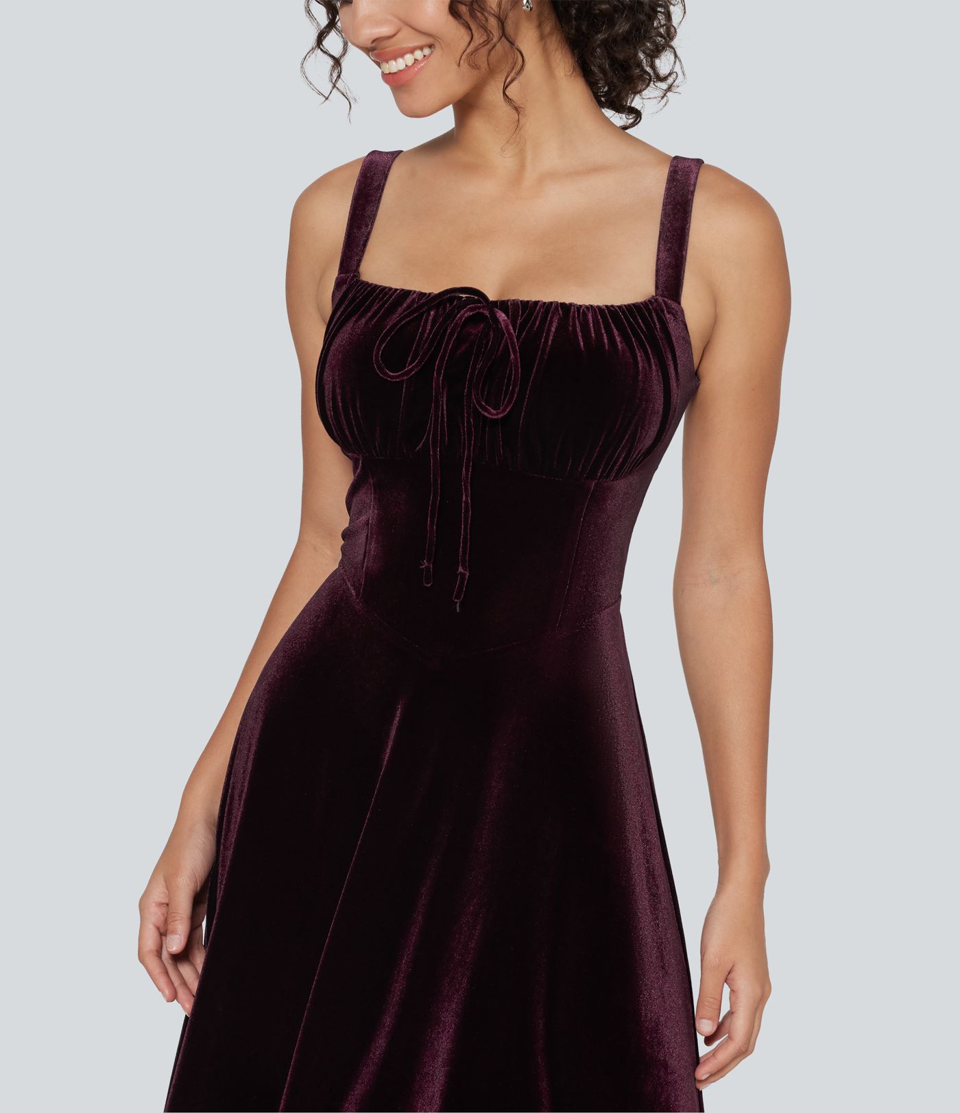 Square Neck Lace Up Ruched Built-in Bra Corset Velvet Midi Casual Dress