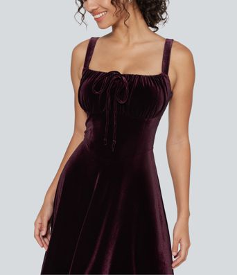 Square Neck Lace Up Ruched Built-in Bra Corset Velvet Midi Casual Dress