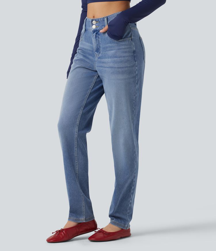 Halara Flex™ Mid Rise Straight Leg Casual Cotton Jeans with Pockets