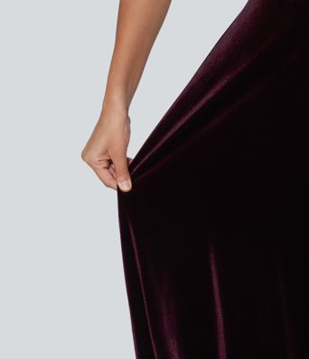 Square Neck Lace Up Ruched Built-in Bra Corset Velvet Midi Casual Dress