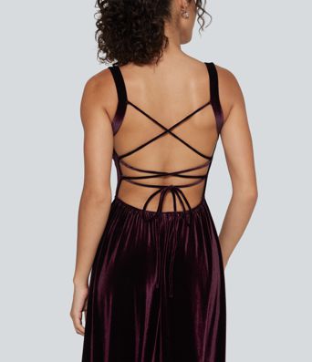 Square Neck Lace Up Ruched Built-in Bra Corset Velvet Midi Casual Dress
