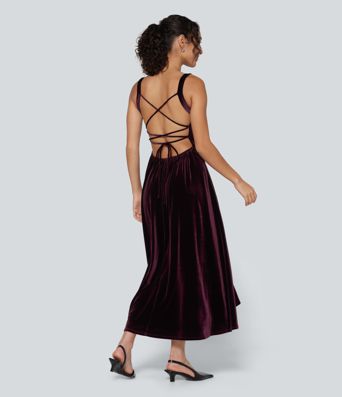 Square Neck Lace Up Ruched Built-in Bra Corset Velvet Midi Casual Dress