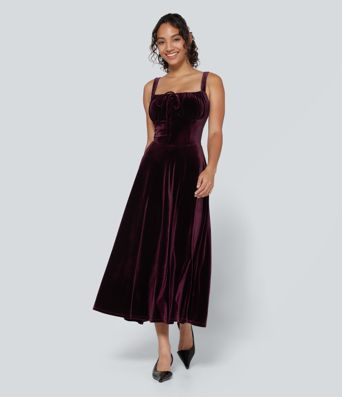 Square Neck Lace Up Ruched Built-in Bra Corset Velvet Midi Casual Dress