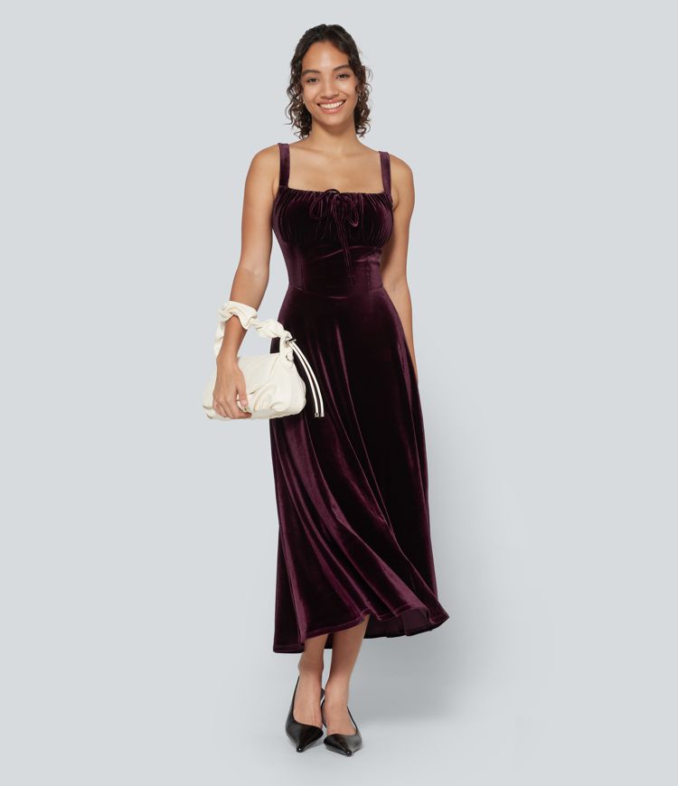 Square Neck Lace Up Ruched Built-in Bra Corset Velvet Midi Casual Dress