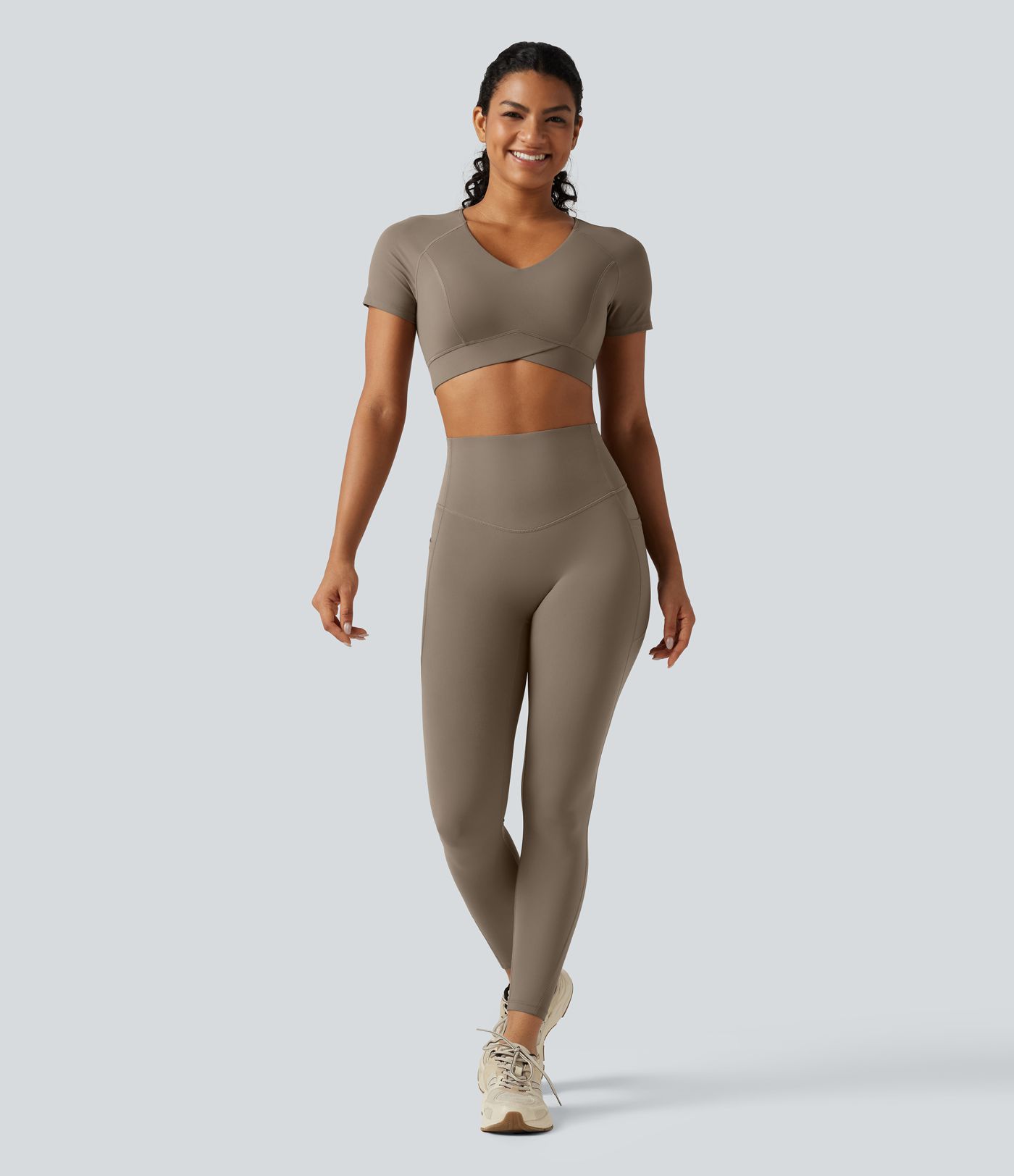 Halara UltraSculpt™ V Neck Built-in Bra Short Sleeve Crossover Hem Cropped Workout Sports Top DD-F Cups Halara UltraSculpt™ V Neck Built-in Bra Short Sleeve Crossover Hem Cropped Workout Sports Top DD-F Cups