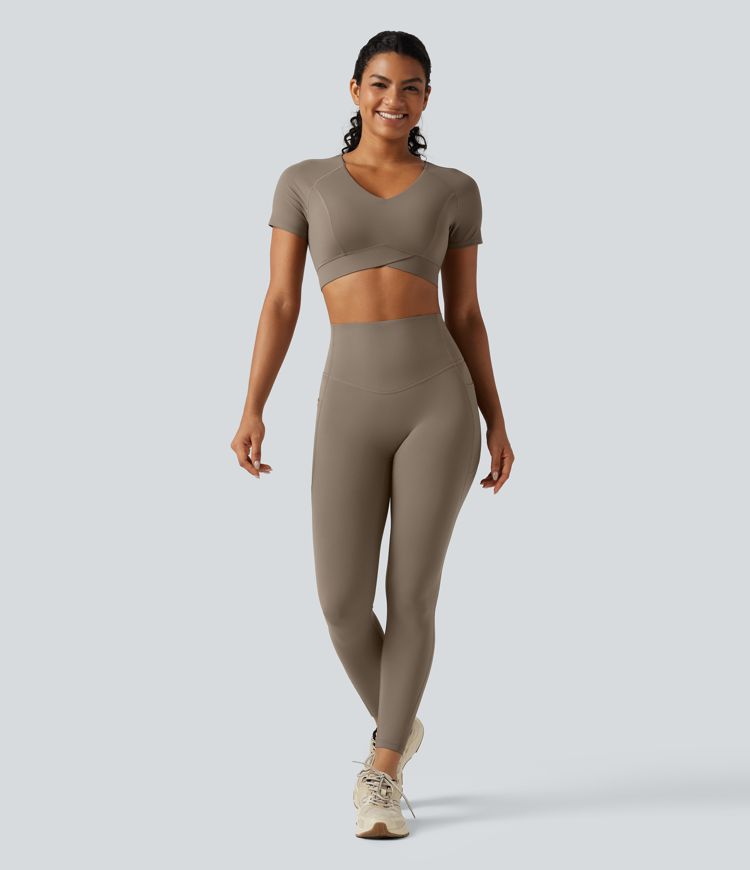 Halara UltraSculpt™ V Neck Built-in Bra Short Sleeve Crossover Hem Cropped Workout Sports Top DD-F Cups Halara UltraSculpt™ V Neck Built-in Bra Short Sleeve Crossover Hem Cropped Workout Sports Top DD-F Cups