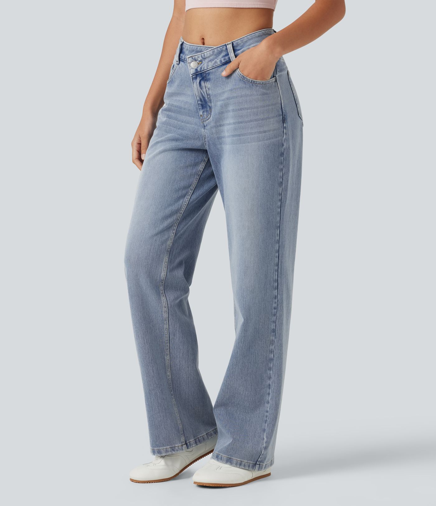 Halara Flex™ Asymmetric Mid Rise Straight Leg Casual Jeans with Pockets Halara Flex™ Asymmetric Mid Rise Straight Leg Casual Jeans with Pockets