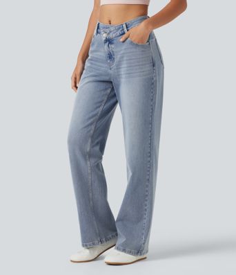 Halara Flex™ Asymmetric Mid Rise Straight Leg Casual Jeans with Pockets Halara Flex™ Asymmetric Mid Rise Straight Leg Casual Jeans with Pockets