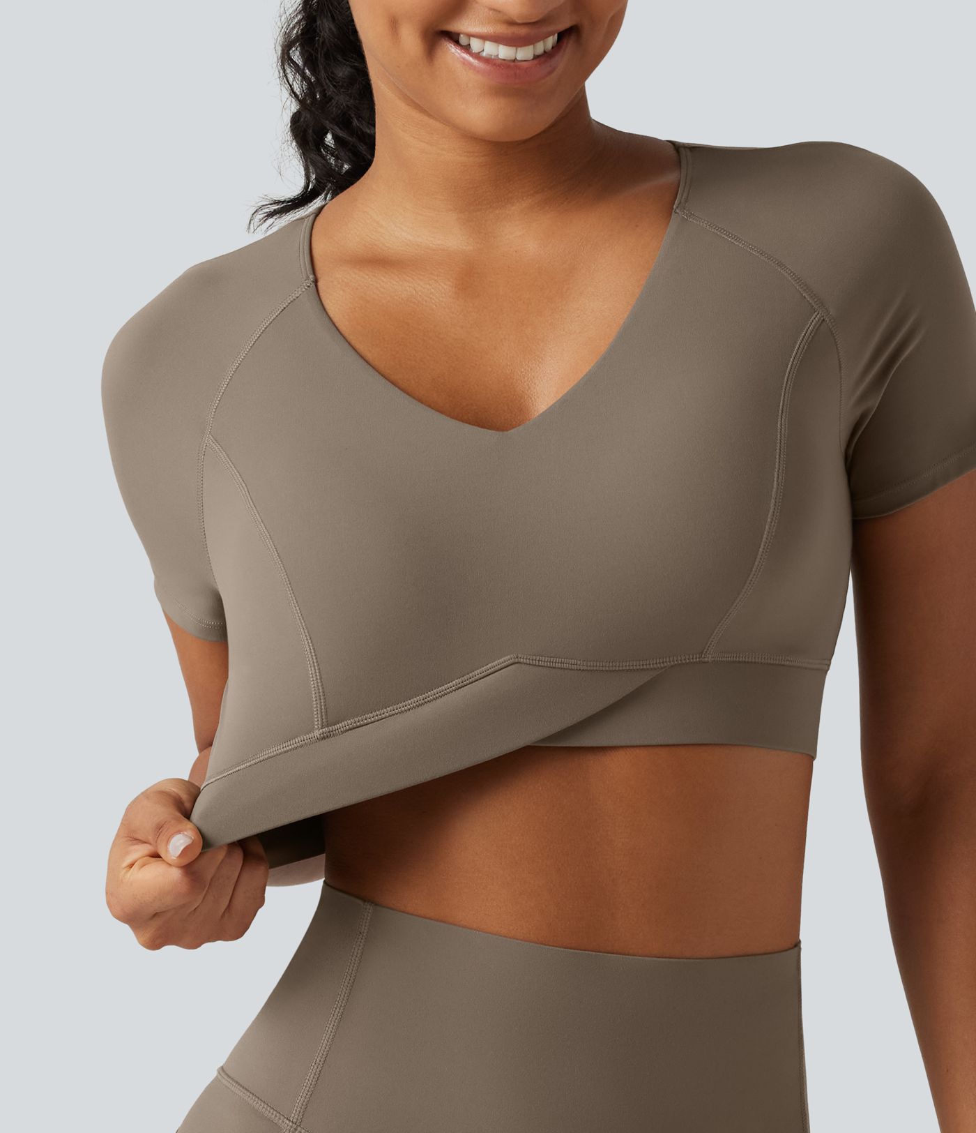 Halara UltraSculpt™ V Neck Built-in Bra Short Sleeve Crossover Hem Cropped Workout Sports Top DD-F Cups Halara UltraSculpt™ V Neck Built-in Bra Short Sleeve Crossover Hem Cropped Workout Sports Top DD-F Cups