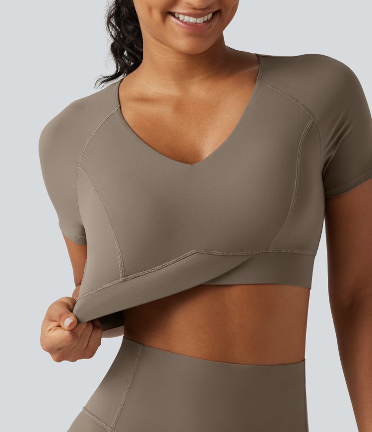 Halara UltraSculpt™ V Neck Built-in Bra Short Sleeve Crossover Hem Cropped Workout Sports Top DD-F Cups Halara UltraSculpt™ V Neck Built-in Bra Short Sleeve Crossover Hem Cropped Workout Sports Top DD-F Cups