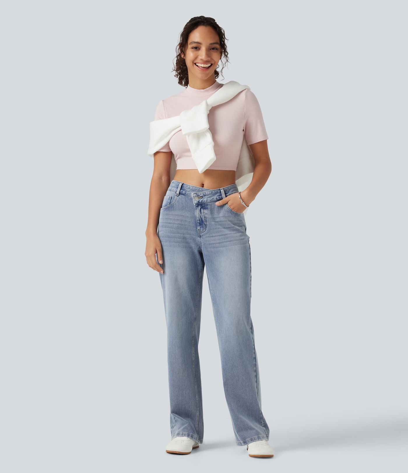 Halara Flex™ Asymmetric Mid Rise Straight Leg Casual Jeans with Pockets Halara Flex™ Asymmetric Mid Rise Straight Leg Casual Jeans with Pockets