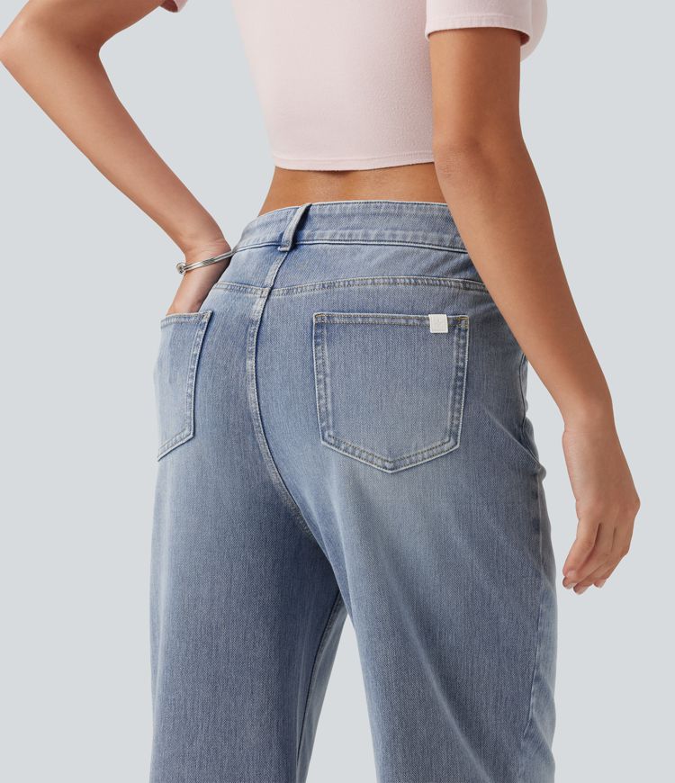 Halara Flex™ Asymmetric Mid Rise Straight Leg Casual Jeans with Pockets Halara Flex™ Asymmetric Mid Rise Straight Leg Casual Jeans with Pockets