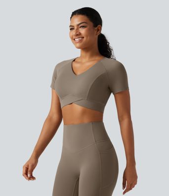 Halara UltraSculpt™ V Neck Built-in Bra Short Sleeve Crossover Hem Cropped Workout Sports Top DD-F Cups Halara UltraSculpt™ V Neck Built-in Bra Short Sleeve Crossover Hem Cropped Workout Sports Top DD-F Cups