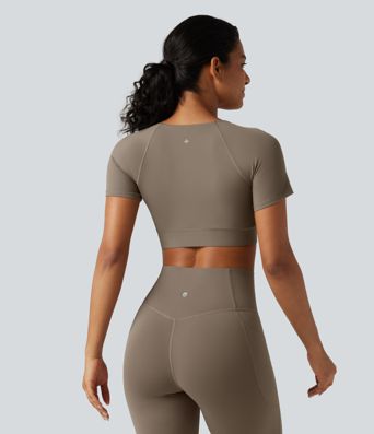 Halara UltraSculpt™ V Neck Built-in Bra Short Sleeve Crossover Hem Cropped Workout Sports Top DD-F Cups Halara UltraSculpt™ V Neck Built-in Bra Short Sleeve Crossover Hem Cropped Workout Sports Top DD-F Cups