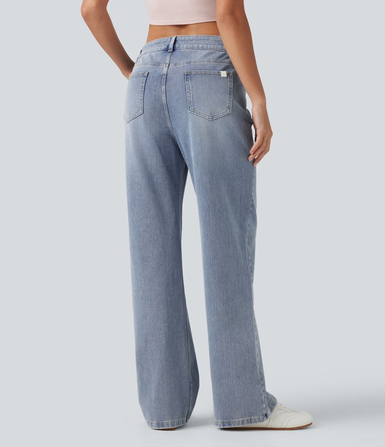 Halara Flex™ Asymmetric Mid Rise Straight Leg Casual Jeans with Pockets Halara Flex™ Asymmetric Mid Rise Straight Leg Casual Jeans with Pockets