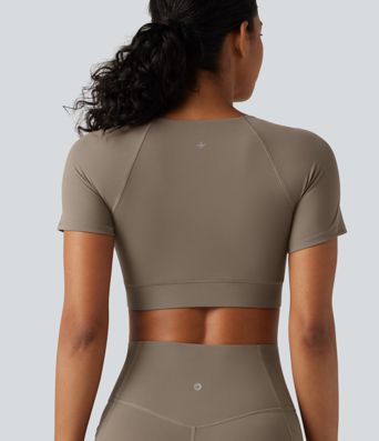 Halara UltraSculpt™ V Neck Built-in Bra Short Sleeve Crossover Hem Cropped Workout Sports Top DD-F Cups Halara UltraSculpt™ V Neck Built-in Bra Short Sleeve Crossover Hem Cropped Workout Sports Top DD-F Cups